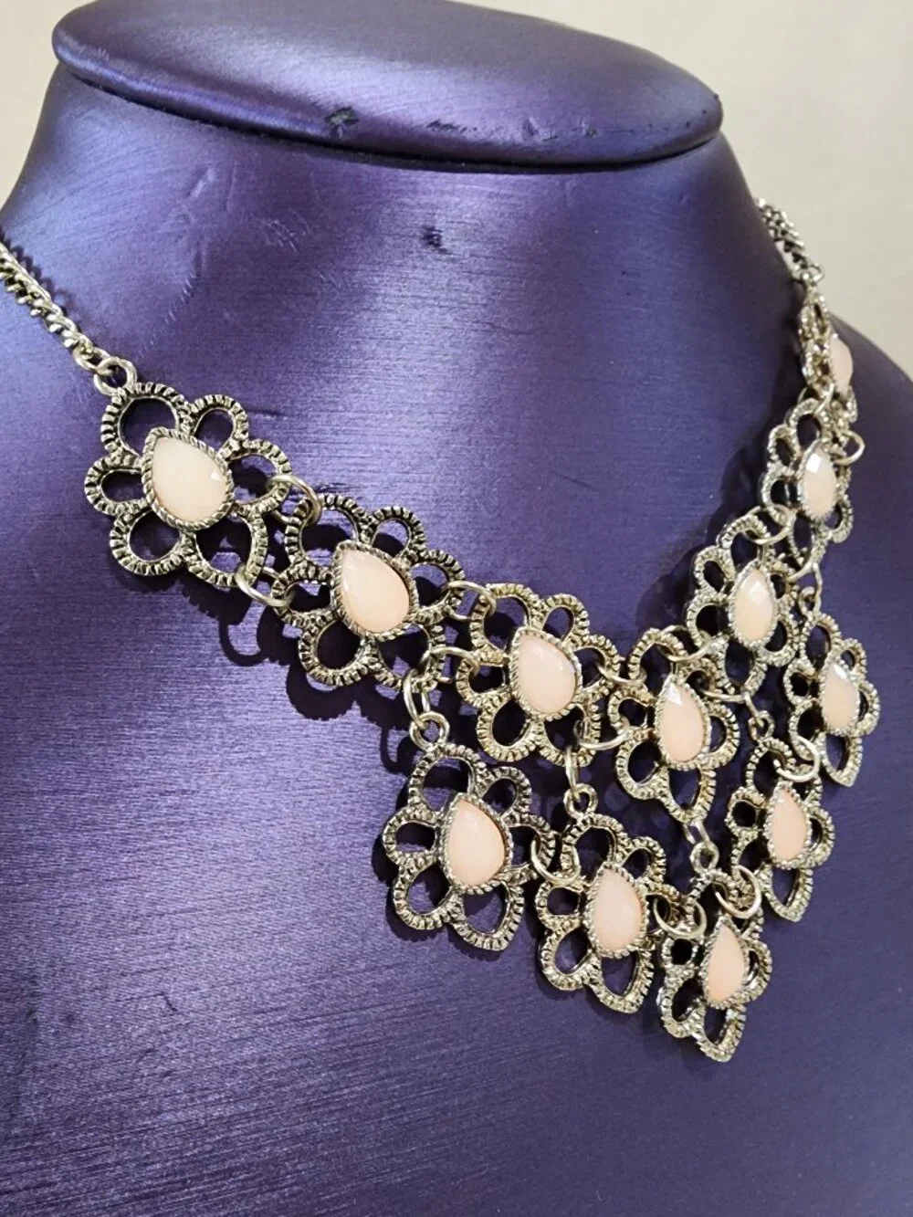 Gold Flower Faceted Light Pink Teardrop Accent Statement Bib Necklace